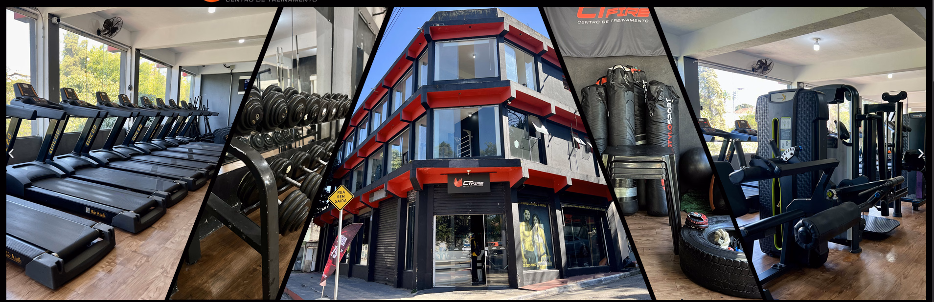 A estrutura da CT Fire Gym: esteiras, halteres, fachada, sacos de treino e aparelhos de musculação.