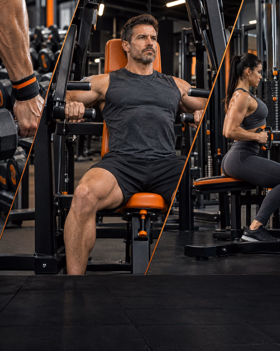 Montagem de treino de força com exercícios em aparelho, halter e remada, em academia com detalhes laranja